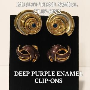 Vintage Lot of 2 Clip On Earrings Gold & Silver Toned, Blue Stone Purple Enamal